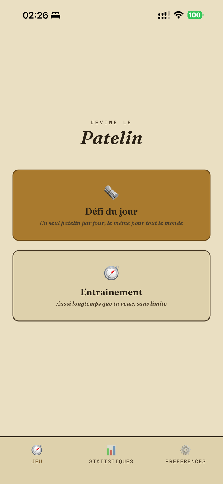 Écran d'accueil de Devine le Patelin : choix entre Défi du jour et Entraînement